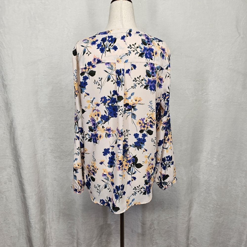 Adrianna Papell Blouse Womens Small Floral V Neck Long Sleeve Blue Yellow Top - Picture 3 of 11
